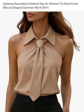 Stylish Sleeveless Collared Tie-Knot Blouse in Khaki